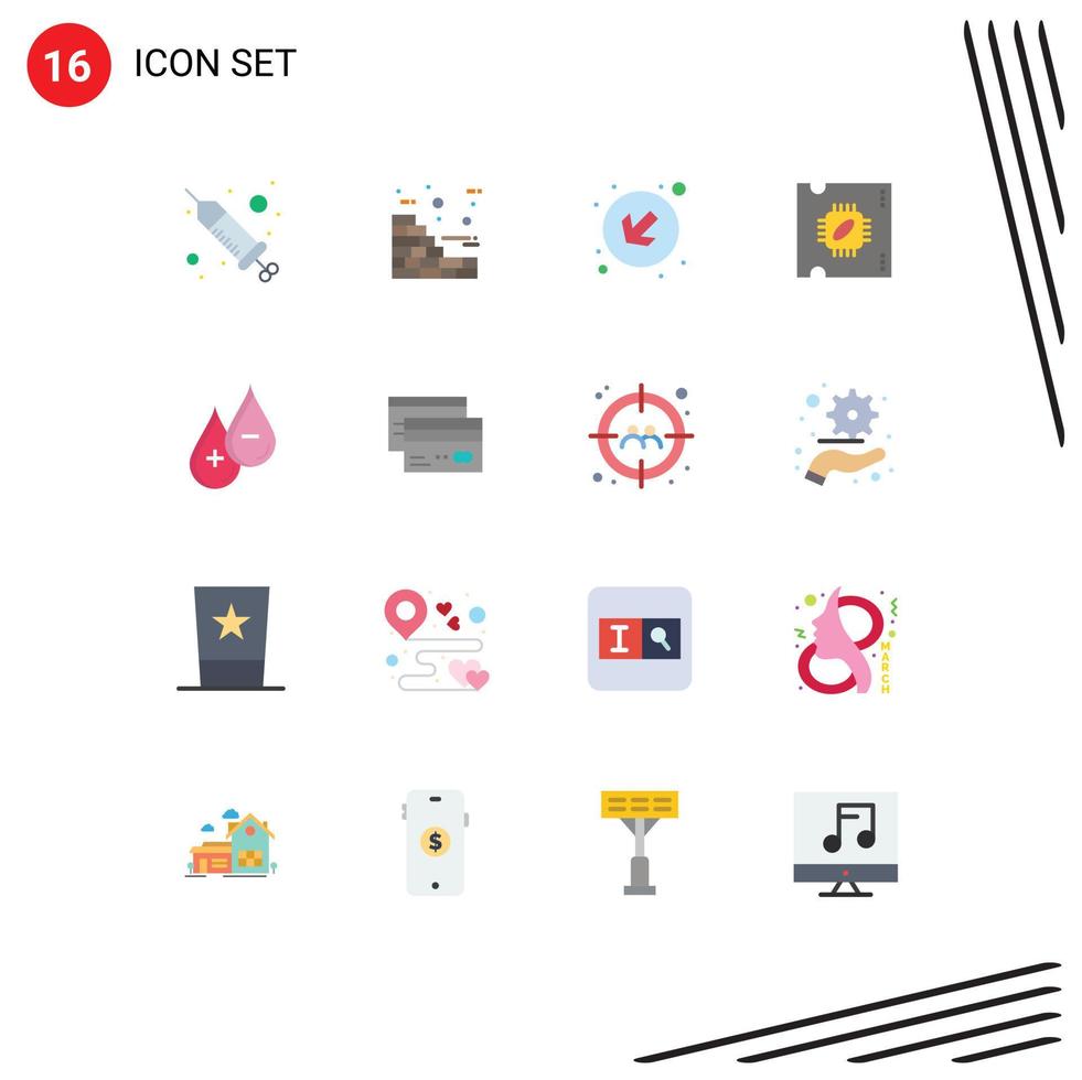 Modern Set of 16 Flat Colors Pictograph of plus drop down blood processor Editable Pack of Creative Vector Design Elements