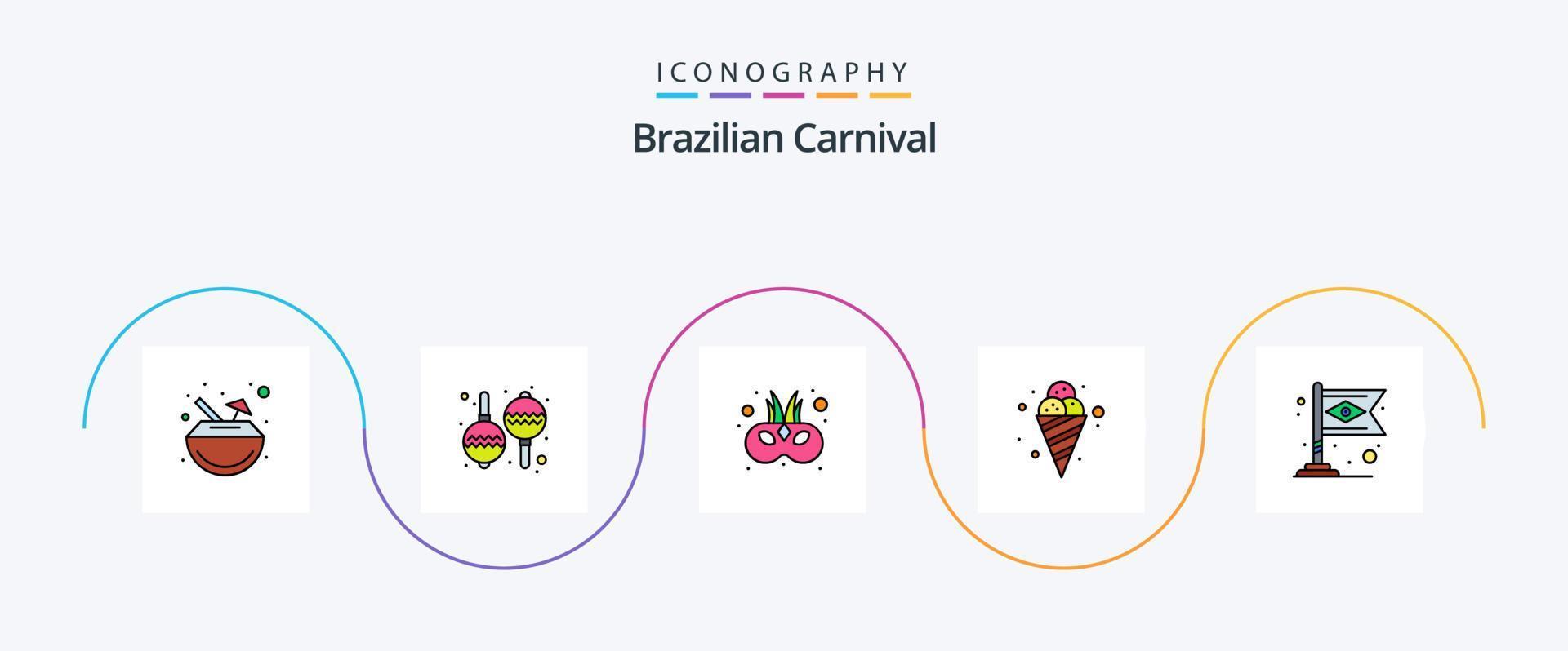 la línea del carnaval brasileño llenó el paquete de iconos flat 5 que incluye el carnaval. bandera. entretenimiento. frío. alimento vector