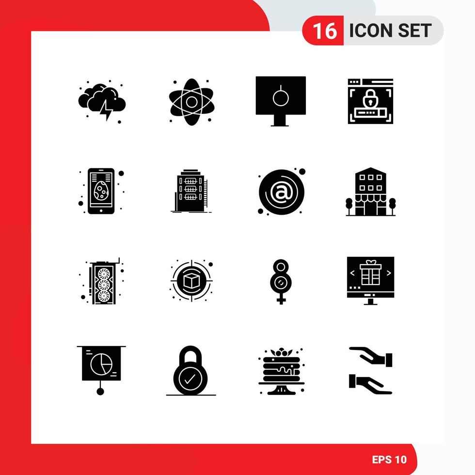 16 User Interface Solid Glyph Pack of modern Signs and Symbols of cell security medical web design pc Editable Vector Design Elements