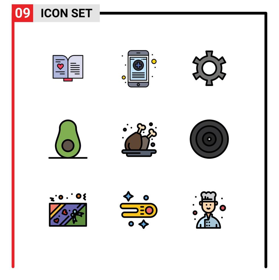 paquete de 9 signos y símbolos de colores planos de línea de relleno modernos para medios de impresión web, como elementos de diseño de vectores editables de comida de pollo cog de pierna de placa