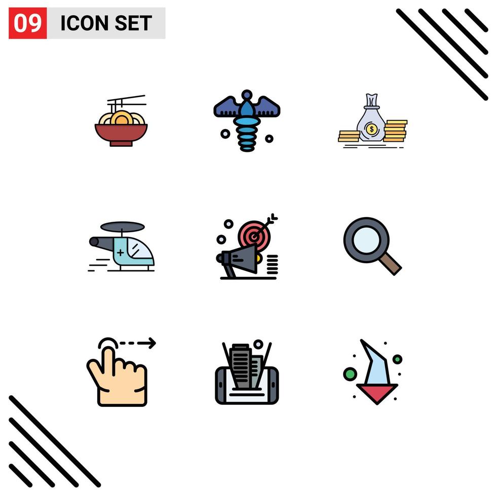9 User Interface Filledline Flat Color Pack of modern Signs and Symbols of air medical accumulation chopper money Editable Vector Design Elements