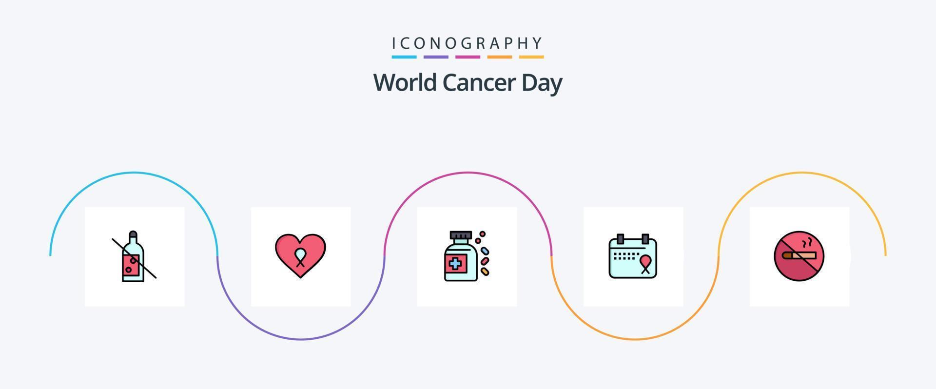 la línea del día mundial del cáncer llenó el paquete de iconos planos 5 que incluye el mundo. medicamento. amar. botella. cáncer vector