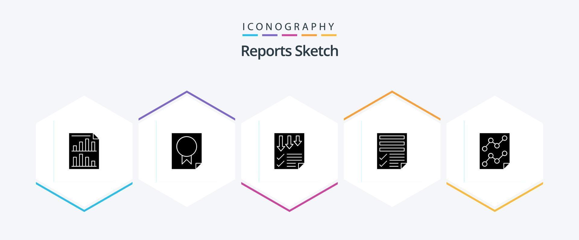 Informes boceto paquete de iconos de 25 glifos, incluida la página. datos. papel. informe. página vector