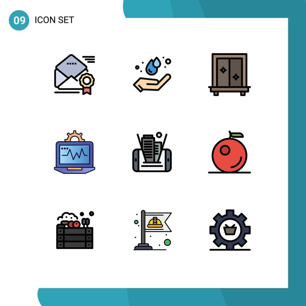paquete de 9 modernos signos y símbolos de colores planos de línea de llenado para medios de impresión web, como configuración móvil, computadora de mano, elementos de diseño de vectores editables
