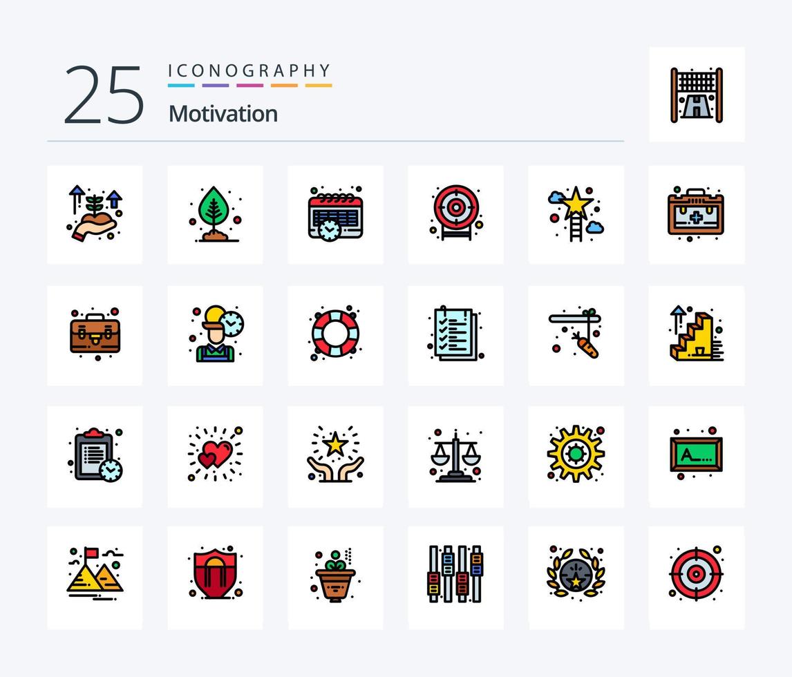 paquete de iconos rellenos de 25 líneas de motivación que incluye el éxito. estrella. calendario. escaleras. objetivo vector