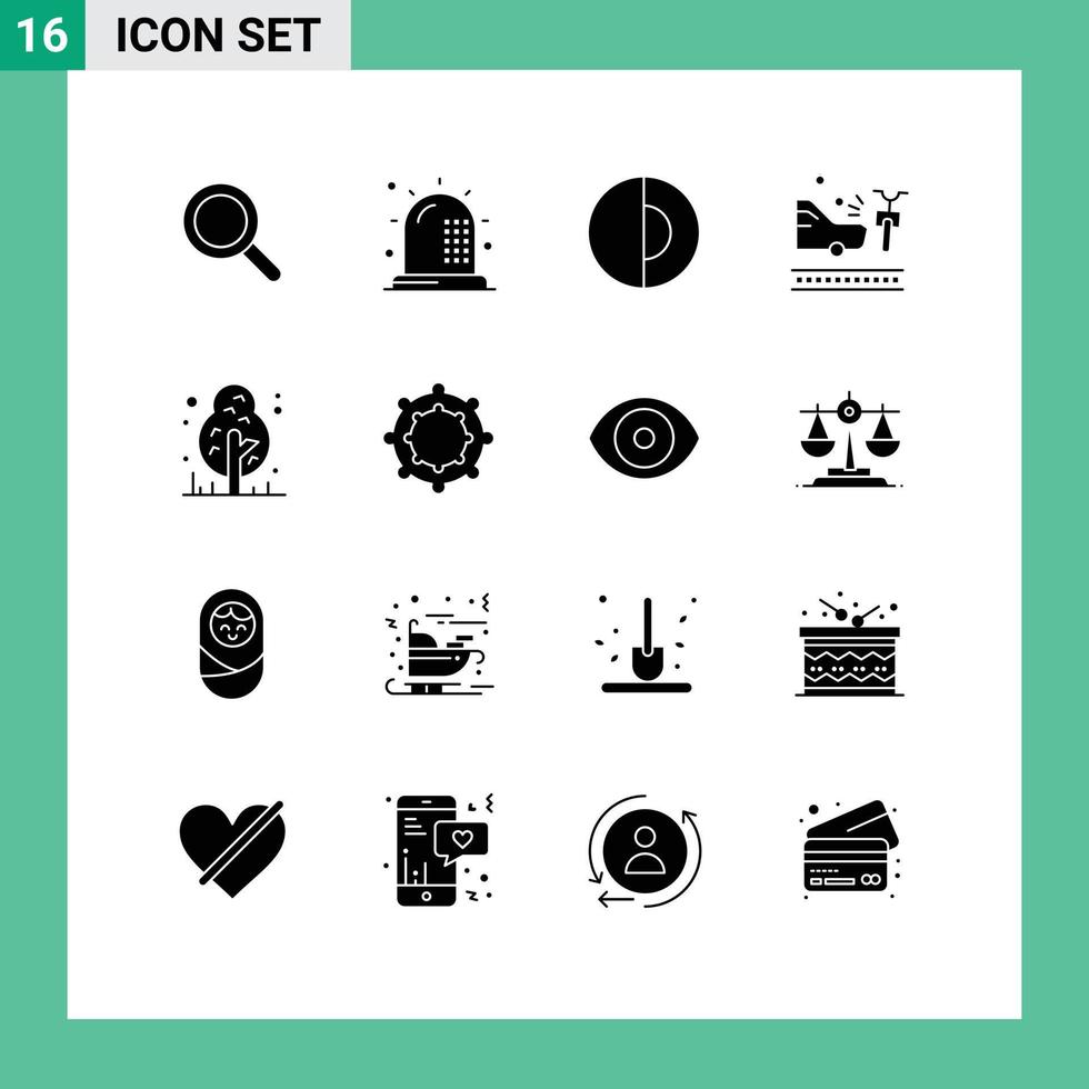 Group of 16 Solid Glyphs Signs and Symbols for camping car health bicycle world Editable Vector Design Elements