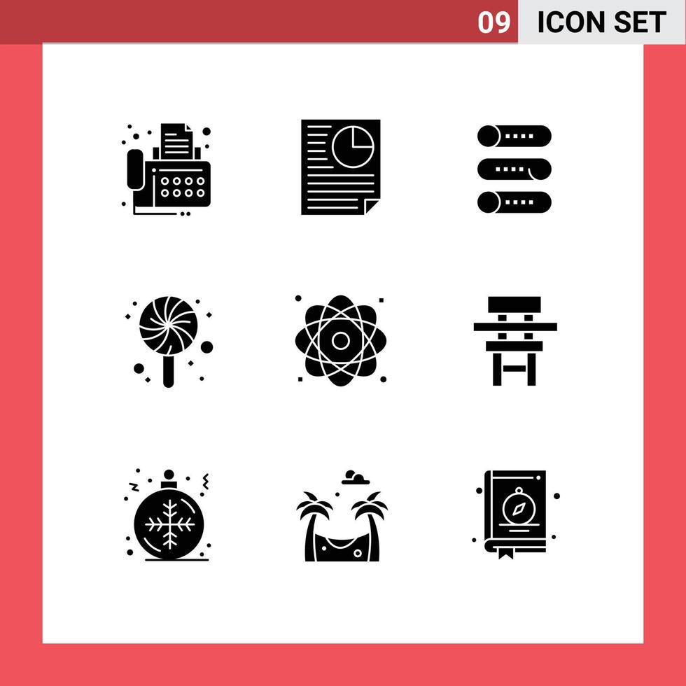 Group of 9 Solid Glyphs Signs and Symbols for molecule atom setting candy birthday Editable Vector Design Elements