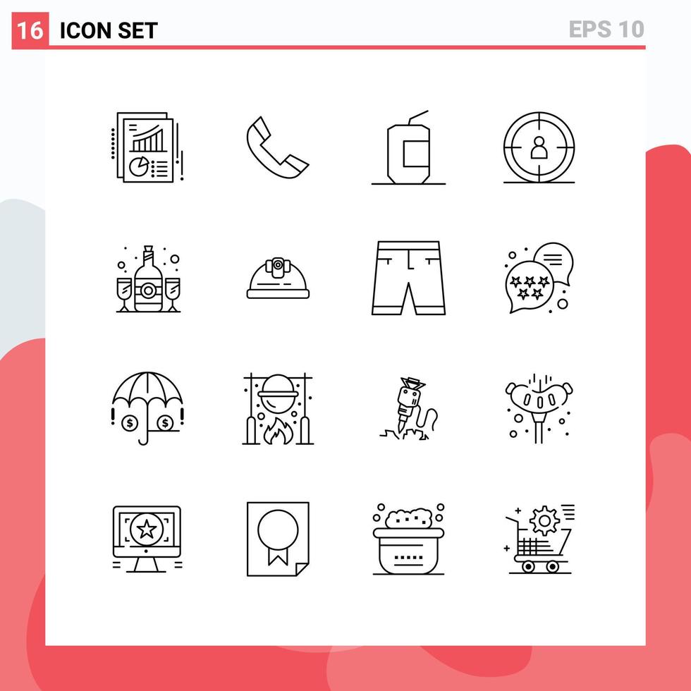 16 User Interface Outline Pack of modern Signs and Symbols of glass user coca target food Editable Vector Design Elements