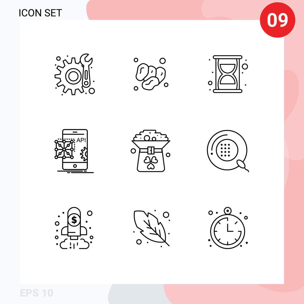 Pack of 9 Modern Outlines Signs and Symbols for Web Print Media such as coin mobile efficiency development application Editable Vector Design Elements