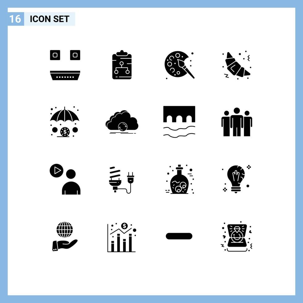 Pack of 16 Modern Solid Glyphs Signs and Symbols for Web Print Media such as insurance food paper fast food hobby Editable Vector Design Elements
