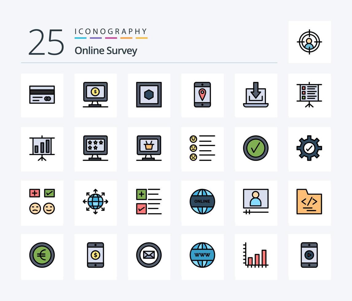 Online Survey 25 Line Filled icon pack including business. down. shape. arrow. cell vector