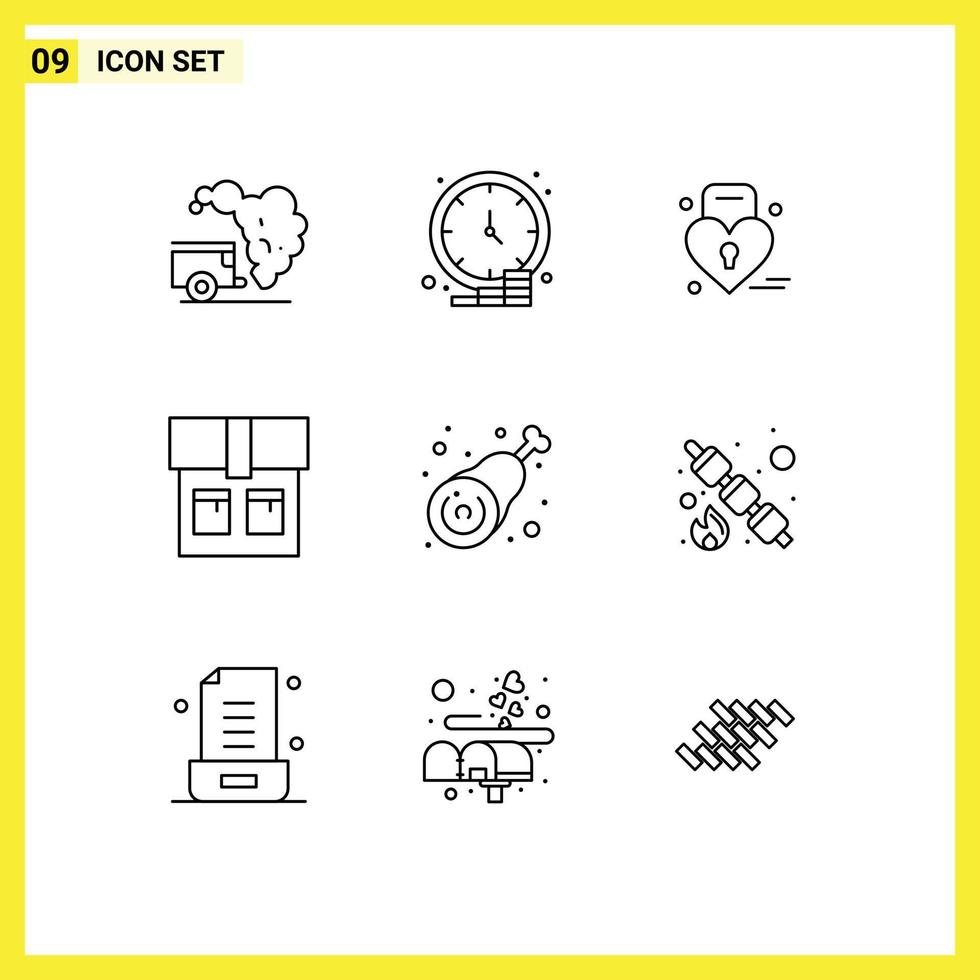 9 User Interface Outline Pack of modern Signs and Symbols of chicken drumstick time fashion weding Editable Vector Design Elements
