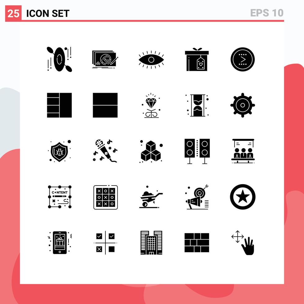 Pictogram Set of 25 Simple Solid Glyphs of circle delivery eye surprize gift box Editable Vector Design Elements