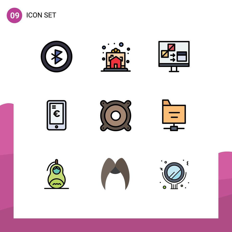 Modern Set of 9 Filledline Flat Colors Pictograph of devices euro app payment development Editable Vector Design Elements