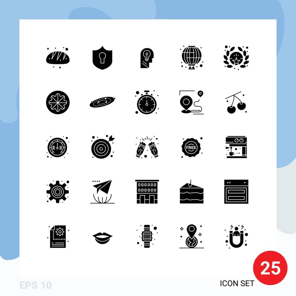 25 Universal Solid Glyph Signs Symbols of badge red head lantern china Editable Vector Design Elements