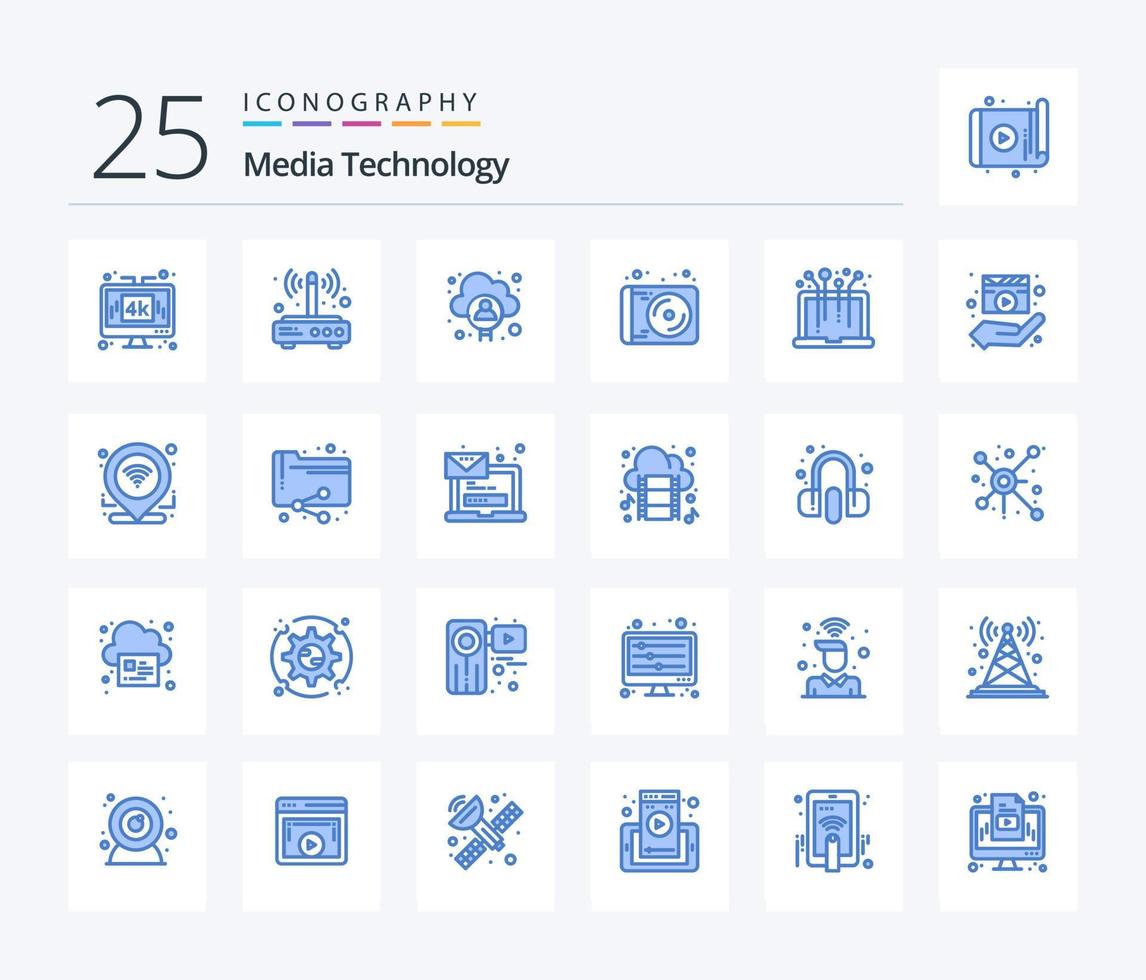 paquete de iconos de 25 colores azules de tecnología de medios que incluye tecnología. medios de comunicación. conexión. dispositivo. hombre vector