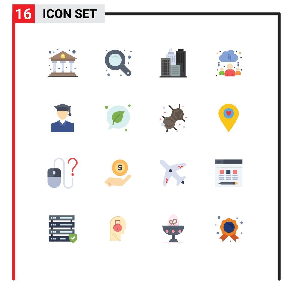 Pack of 16 Modern Flat Colors Signs and Symbols for Web Print Media such as chat education building cap learning Editable Pack of Creative Vector Design Elements