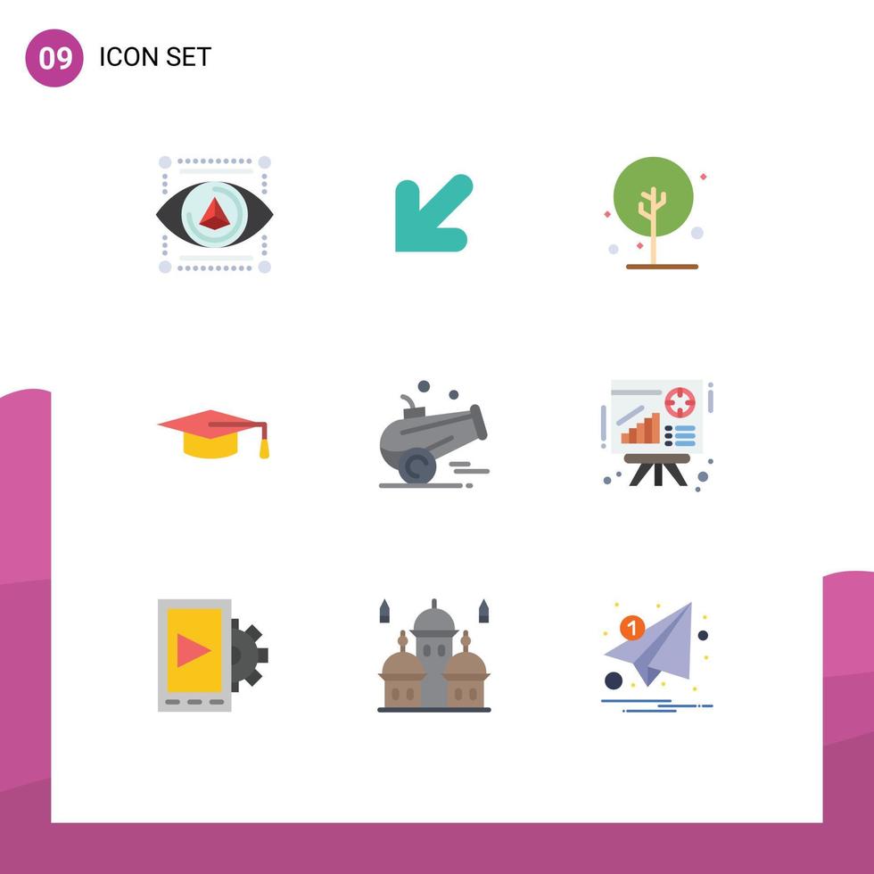Group of 9 Modern Flat Colors Set for ramadan iftar green cannon education Editable Vector Design Elements