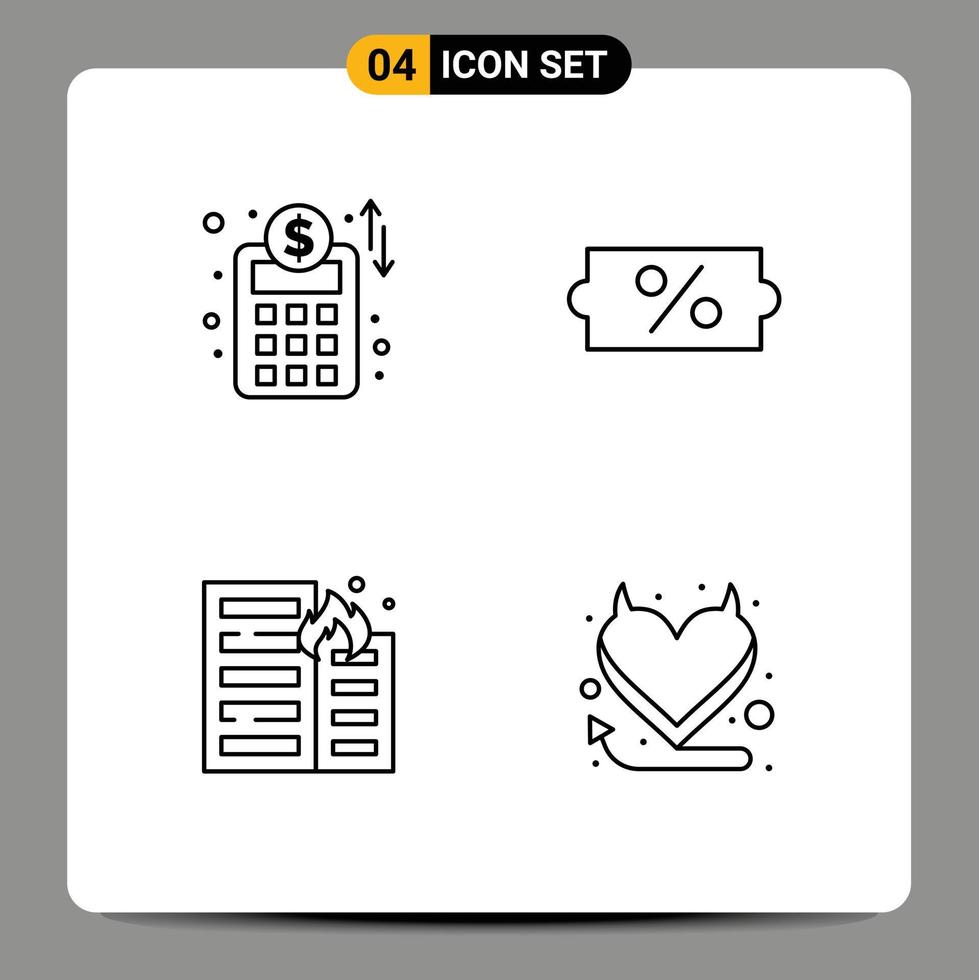 Set of 4 Modern UI Icons Symbols Signs for accounts plan house discount burning devil Editable Vector Design Elements