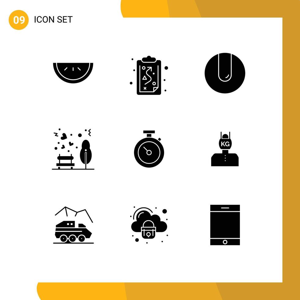 Group of 9 Solid Glyphs Signs and Symbols for time stopwatch match timmer park Editable Vector Design Elements