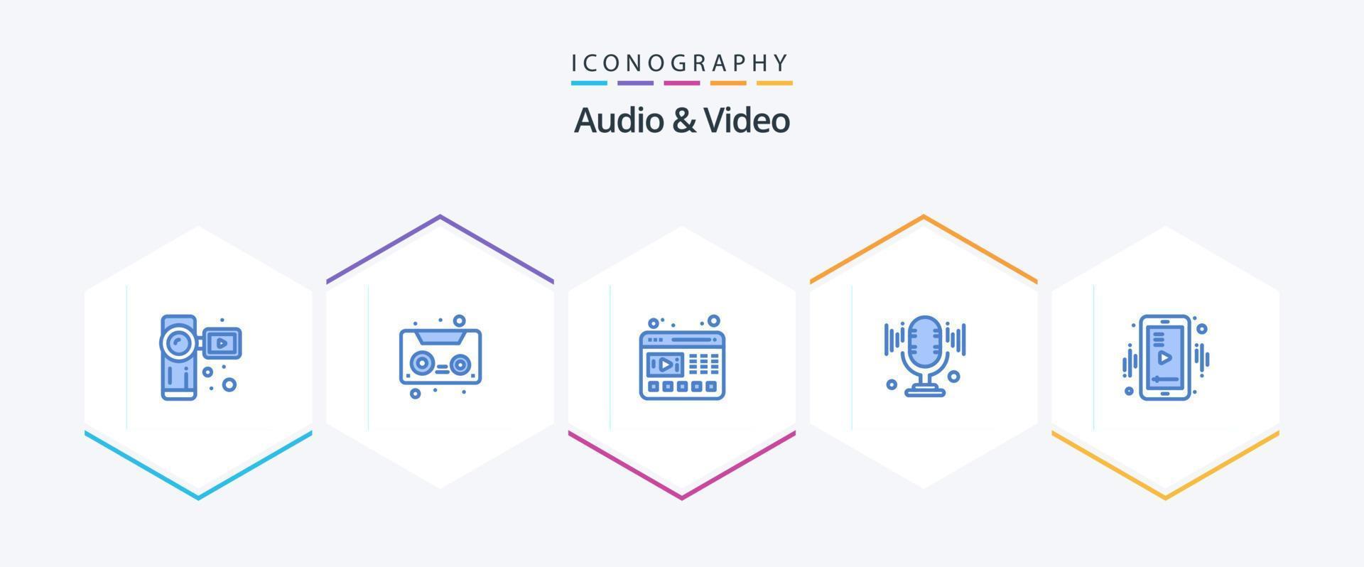 paquete de 25 íconos azules de audio y video que incluye video. móvil. video. medios de comunicación. micrófono vector