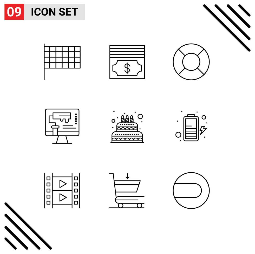 User Interface Pack of 9 Basic Outlines of candle love recreations cake roller Editable Vector Design Elements