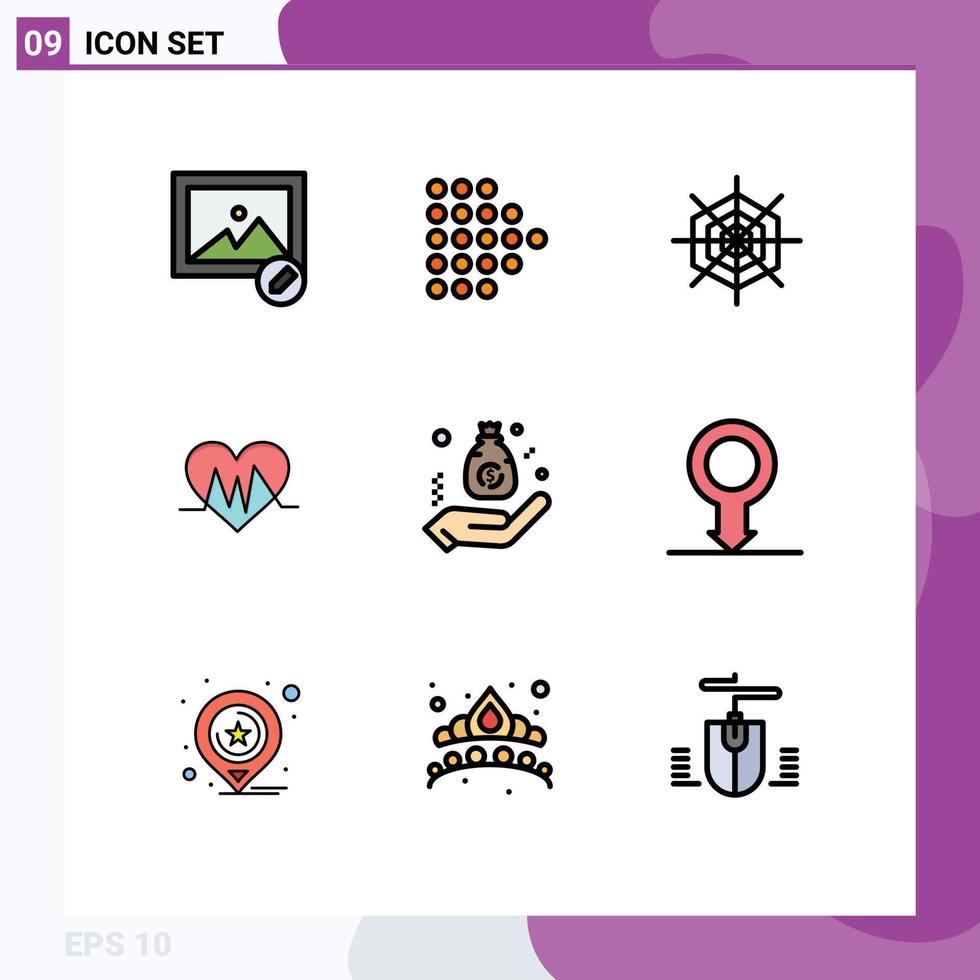 Pack of 9 creative Filledline Flat Colors of hand business spider budget pulse Editable Vector Design Elements