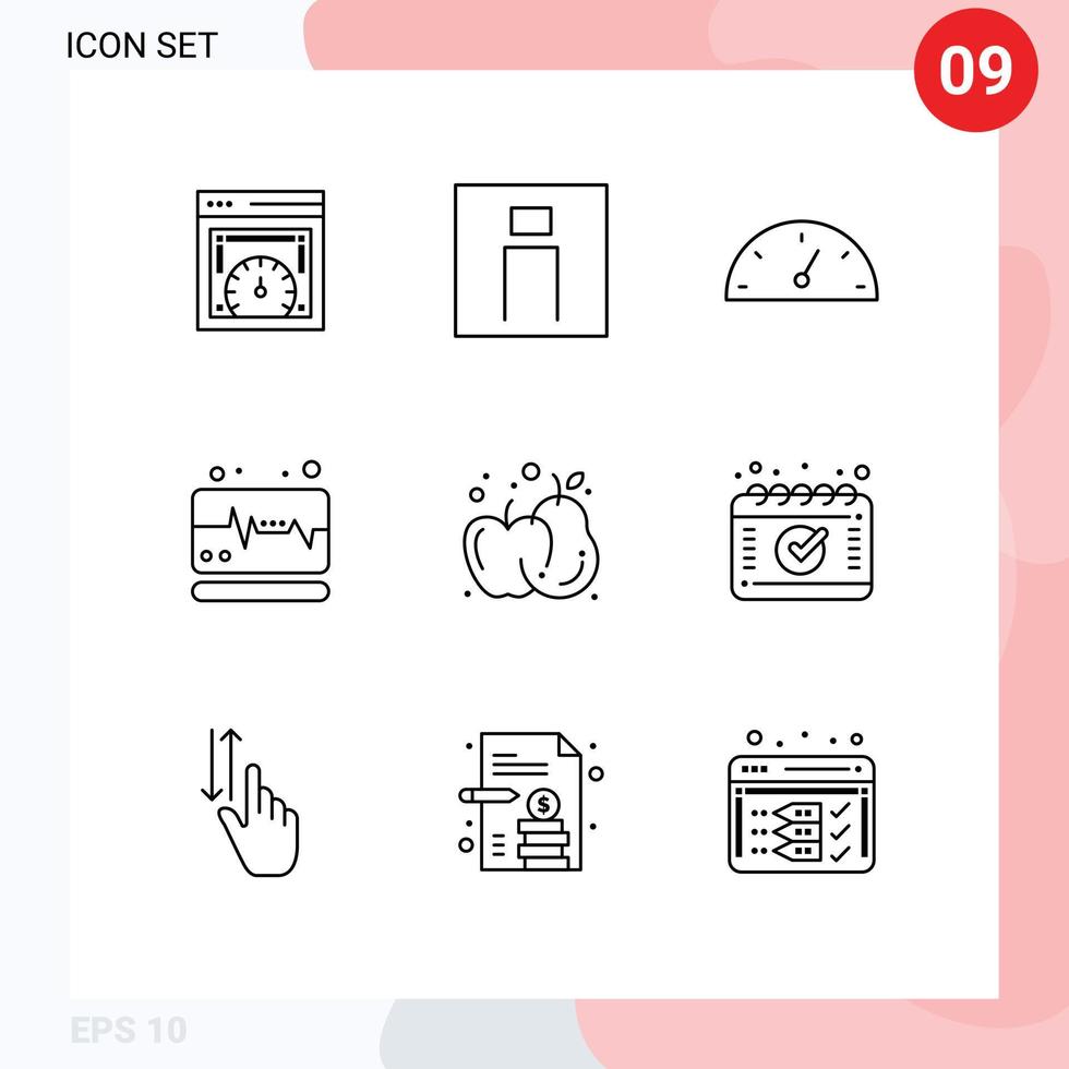 Pack of 9 Modern Outlines Signs and Symbols for Web Print Media such as apple agriculture user pulse medical Editable Vector Design Elements