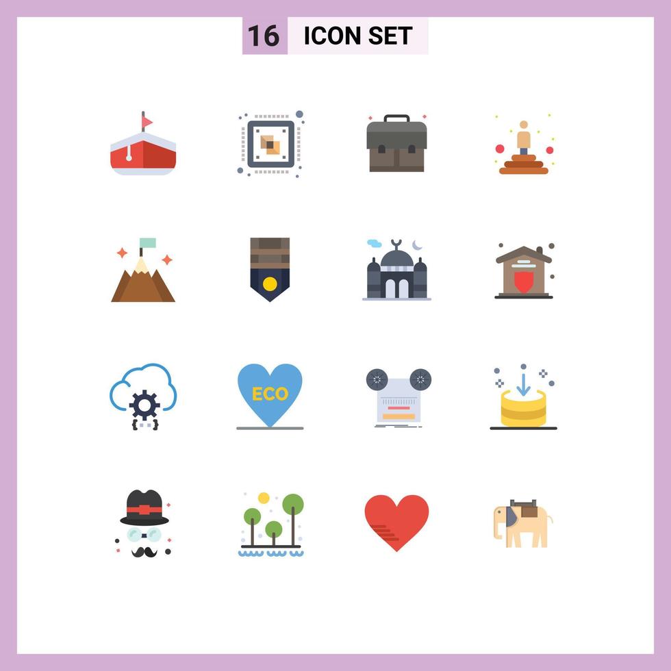 paquete de 16 signos y símbolos modernos de colores planos para medios de impresión web, como el podio del ganador de la bolsa de montaña del usuario, paquete editable de elementos creativos de diseño de vectores