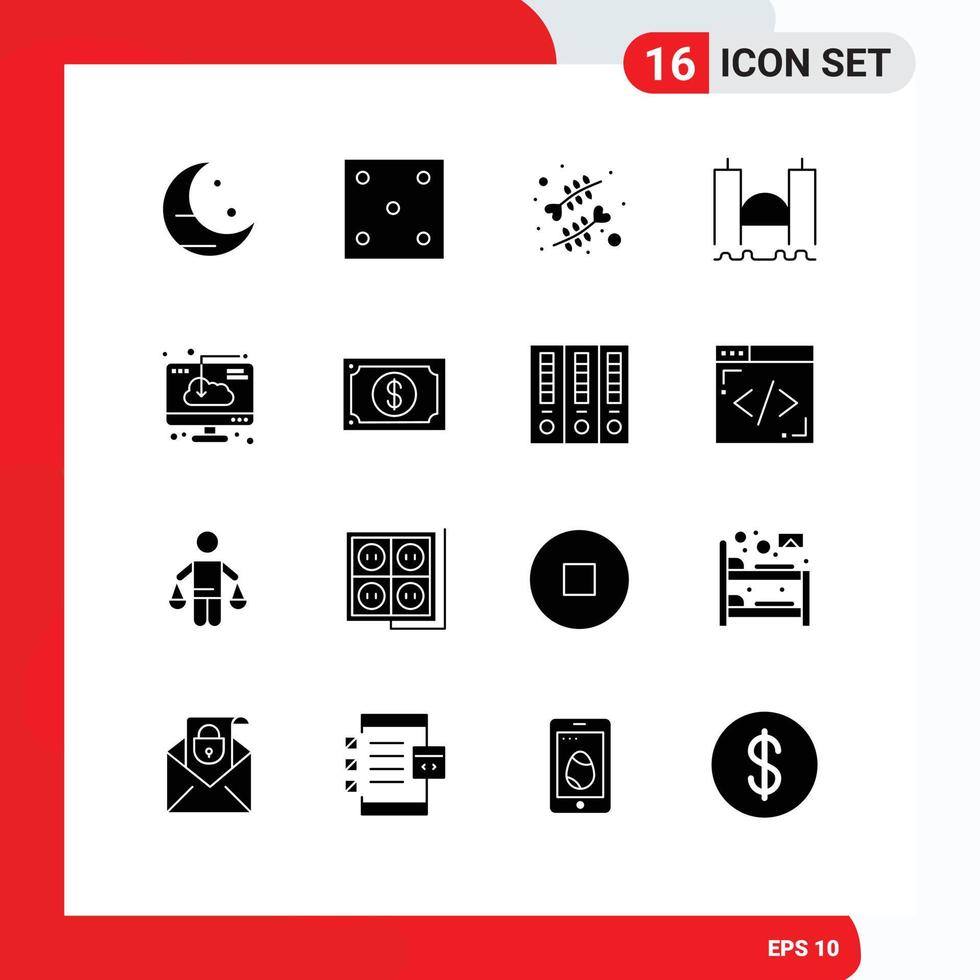 16 Universal Solid Glyphs Set for Web and Mobile Applications computer river heart industrial cross Editable Vector Design Elements