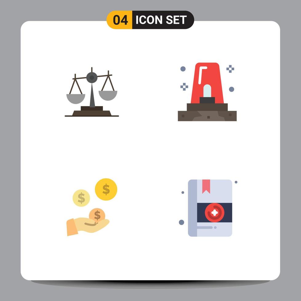 Modern Set of 4 Flat Icons Pictograph of balance danger justice scale siren Editable Vector Design Elements