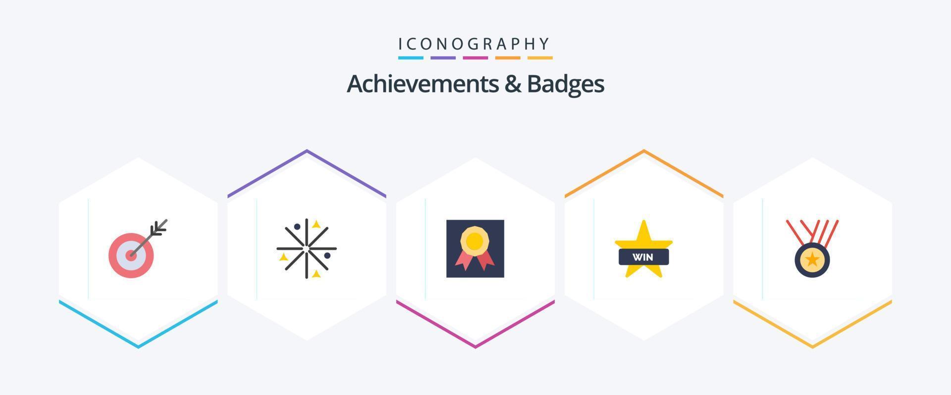 logros e insignias Paquete de 25 iconos planos que incluye medallas. ganar. Insignia. insignias. Insignia vector