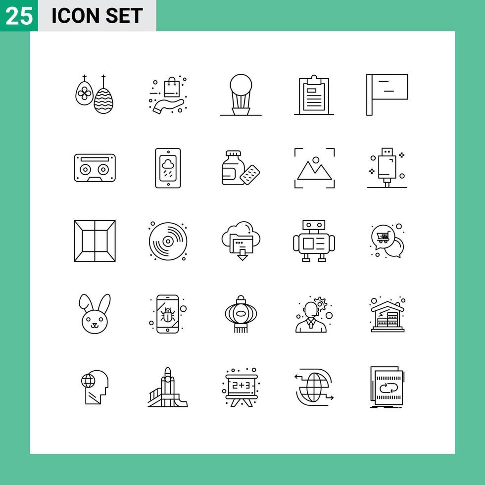25 iconos creativos, signos y símbolos modernos de la página de banderas, archivos de compras, portapapeles, elementos de diseño vectorial editables vector