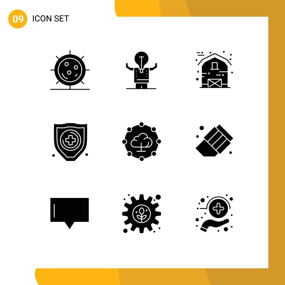 Pack of 9 Modern Solid Glyphs Signs and Symbols for Web Print Media such as cloud computing protection person insurance house Editable Vector Design Elements