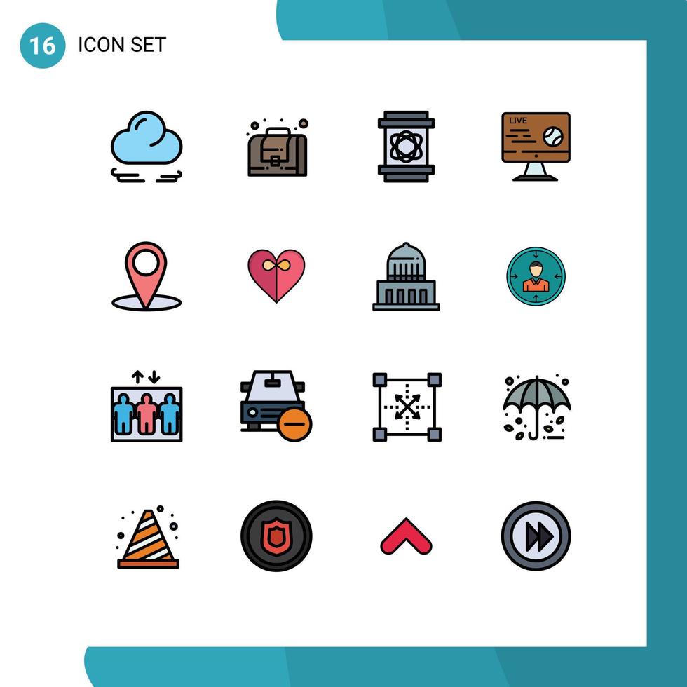 Flat Color Filled Line Pack of 16 Universal Symbols of education location science stream soccer Editable Creative Vector Design Elements
