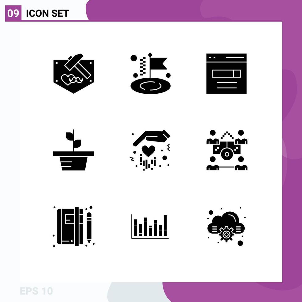 Editable Vector Line Pack of 9 Simple Solid Glyphs of hand plant engine nature growth Editable Vector Design Elements