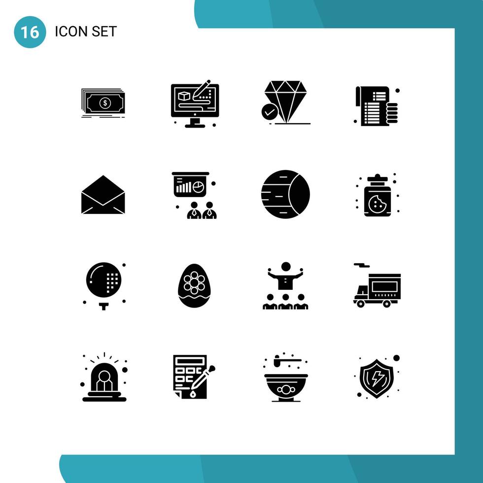 Group of 16 Solid Glyphs Signs and Symbols for mail money diamond investment budget Editable Vector Design Elements