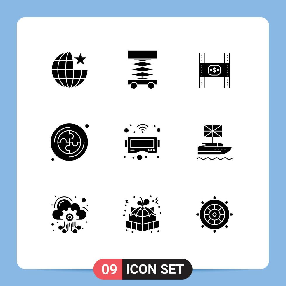 9 User Interface Solid Glyph Pack of modern Signs and Symbols of goggles puzzle budget education movie Editable Vector Design Elements