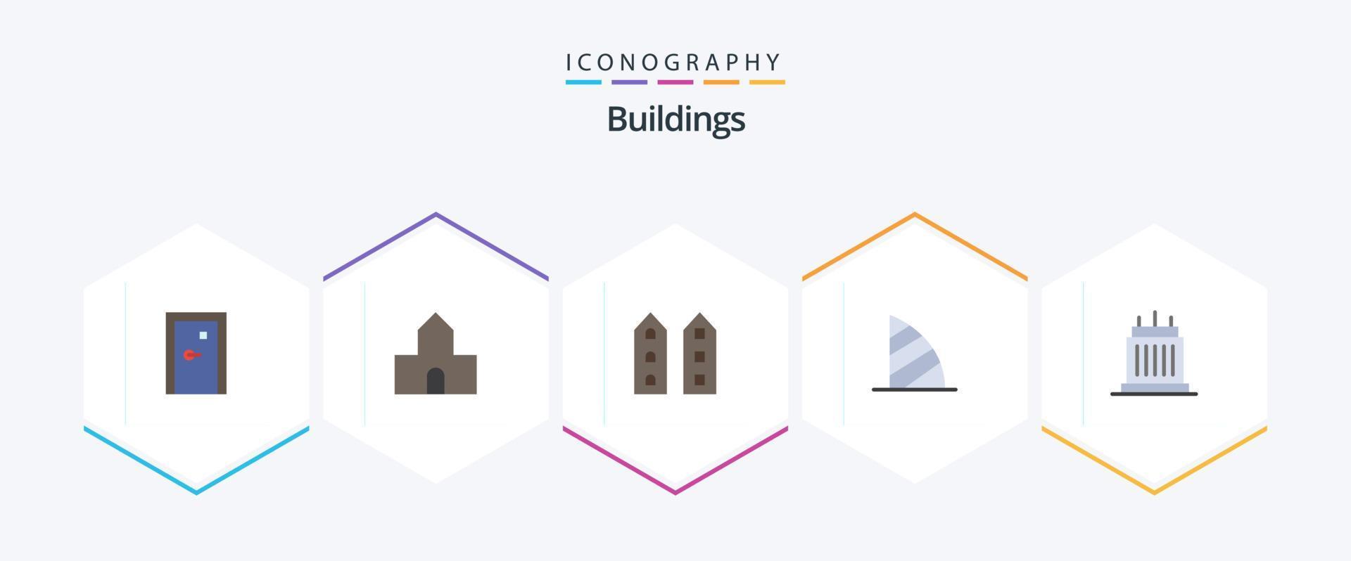 Buildings 25 Flat icon pack including uae monument. dubai. christian building. burj al arab. shops vector