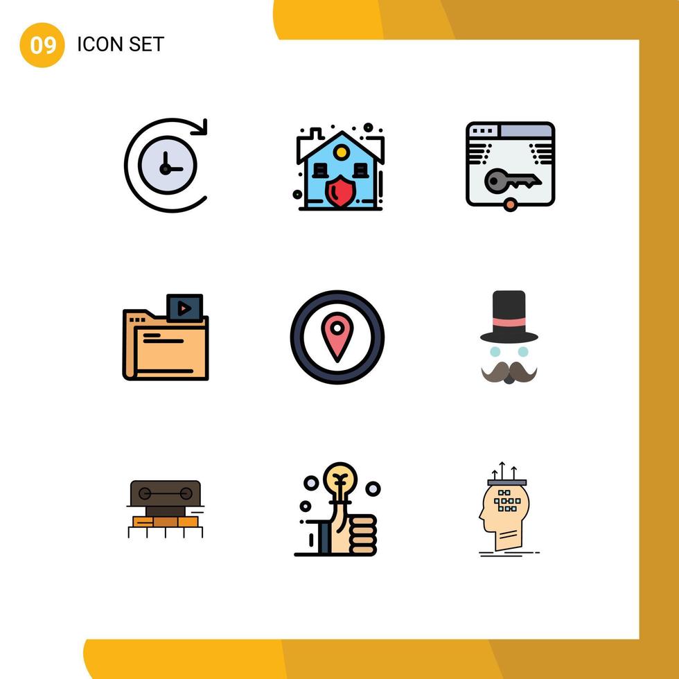 Group of 9 Filledline Flat Colors Signs and Symbols for map gps web media movie Editable Vector Design Elements