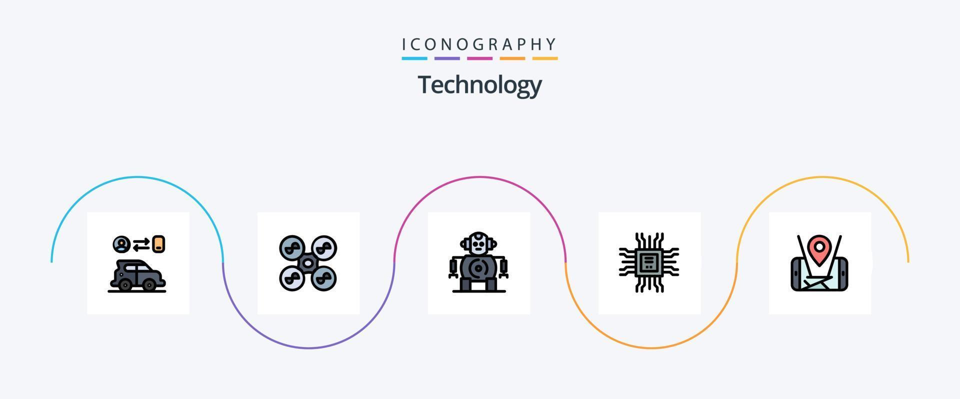 Technology Line Filled Flat 5 Icon Pack Including location. map. cnc. technology. cpu vector