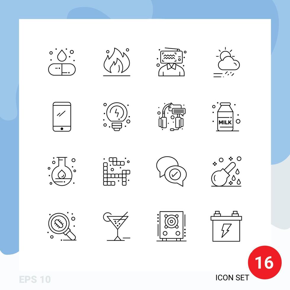 16 Universal Outlines Set for Web and Mobile Applications phone season blogger rainy cloud Editable Vector Design Elements