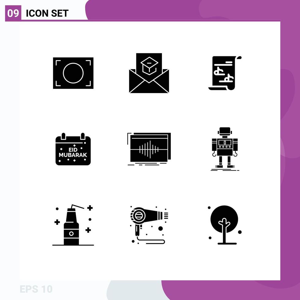 Group of 9 Modern Solid Glyphs Set for audio celebration file mubarak calendar Editable Vector Design Elements