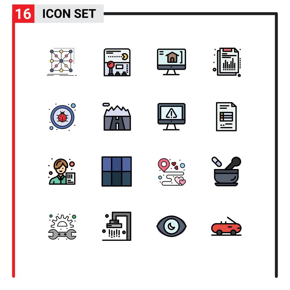 16 Thematic Vector Flat Color Filled Lines and Editable Symbols of fixing report game quarterly annual Editable Creative Vector Design Elements