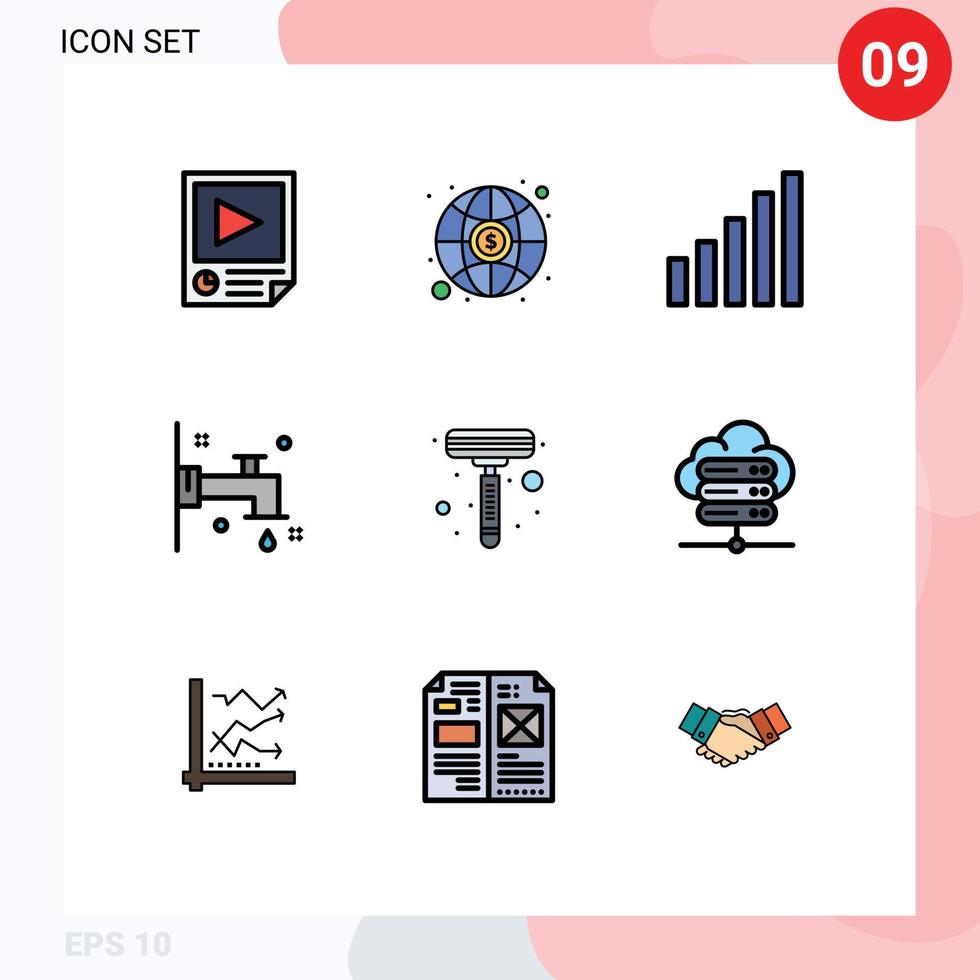 User Interface Pack of 9 Basic Filledline Flat Colors of database shaver connection razor bath Editable Vector Design Elements