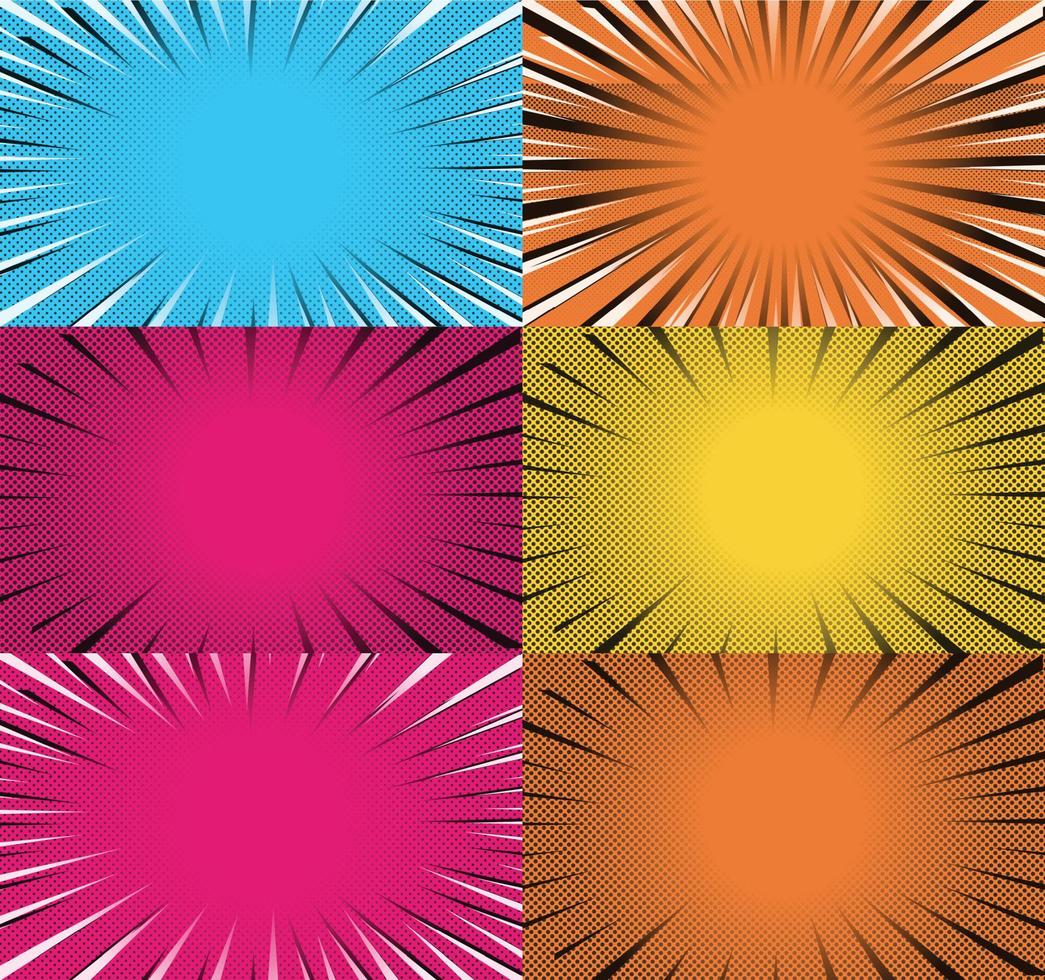 Comic book colorful frames background with halftone rays radial and dotted effects pop art style vector