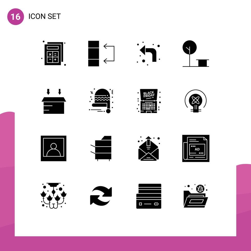 Group of 16 Solid Glyphs Signs and Symbols for open box reload place nature Editable Vector Design Elements