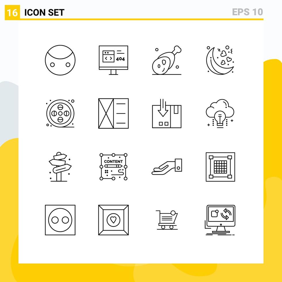 Modern Set of 16 Outlines Pictograph of real night error moon meat Editable Vector Design Elements