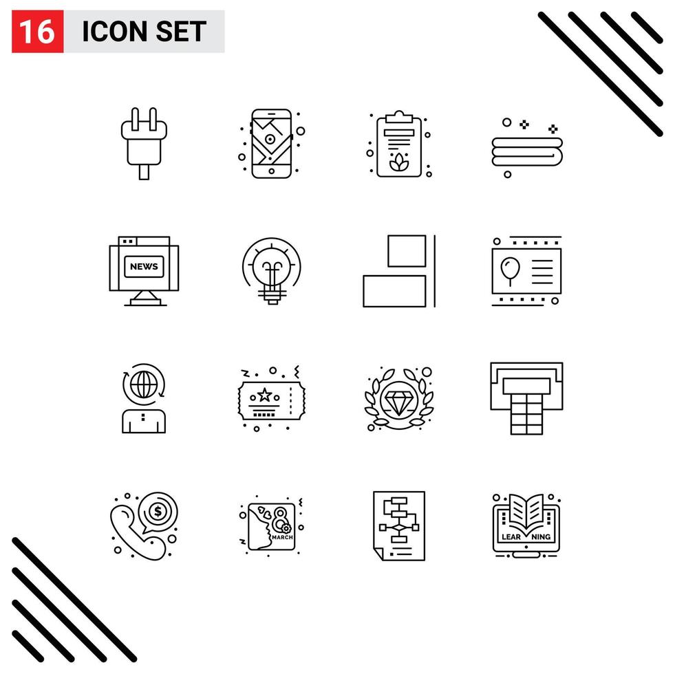 Pictogram Set of 16 Simple Outlines of journal communications route towel clean Editable Vector Design Elements