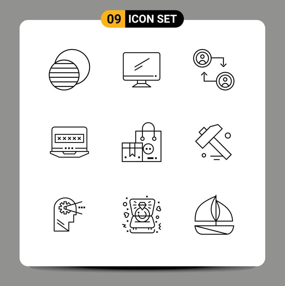 9 User Interface Outline Pack of modern Signs and Symbols of buy security pc louck laptop Editable Vector Design Elements